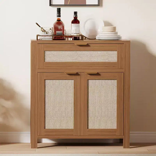 COZONY 34 Sideboard Buffet Cabinet with Drawers, Adjustable Shelves & Rattan Doors, Wooden Storage Credenza for Entryway & Living Room