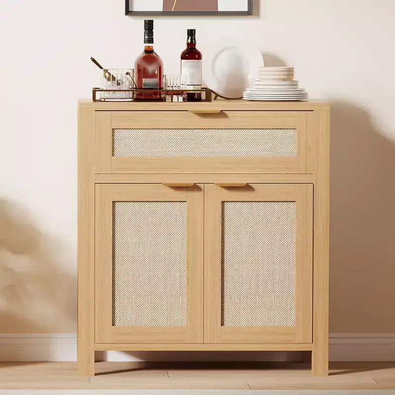Madia credenza da 34 pollici con cassetti, ripiani regolabili e ante in rattan, credenza contenitore in legno per ingresso e soggiorno