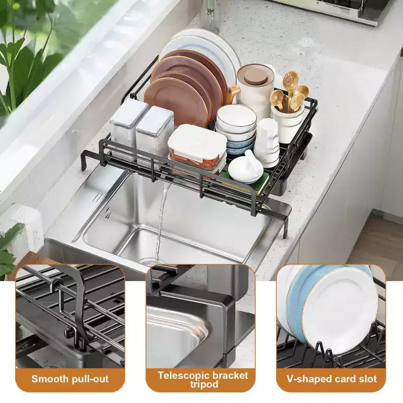 Scolapiatti Espandibile per Piano Cucina, Grande Scolapiatti con Coperchio in Bambù e Portaposate, Sgocciolatoio Regolabile Multifunzionale
