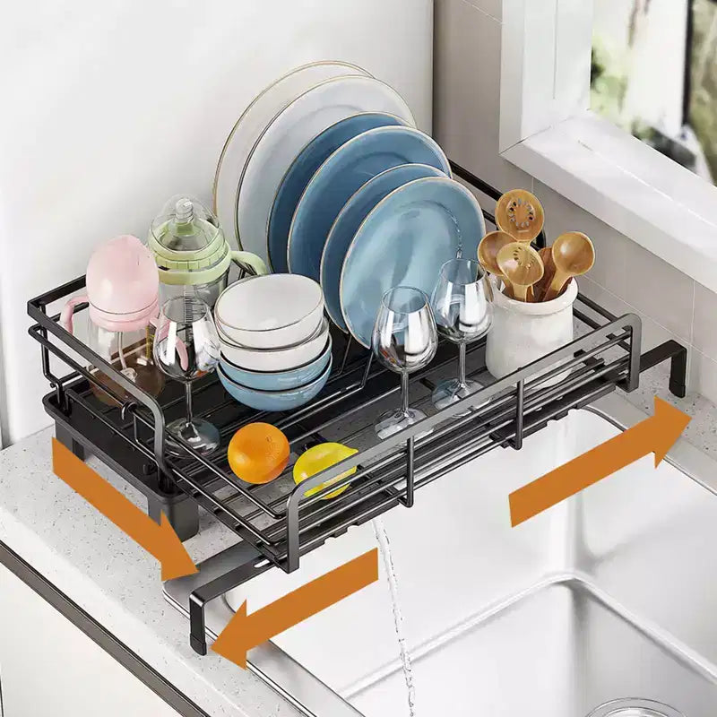 Scolapiatti Espandibile per Piano Cucina, Grande Scolapiatti con Coperchio in Bambù e Portaposate, Sgocciolatoio Regolabile Multifunzionale