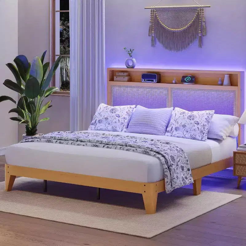 Acekool Rattan Bed Frame with Storage Headboard, Charging Station, RGB Lighting, Wooden Slats