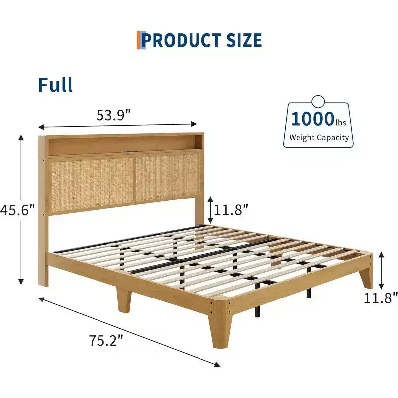 Struttura Letto in Rattan con Testiera Contenitore, Stazione di Ricarica, Illuminazione RGB, Doghe in Legno