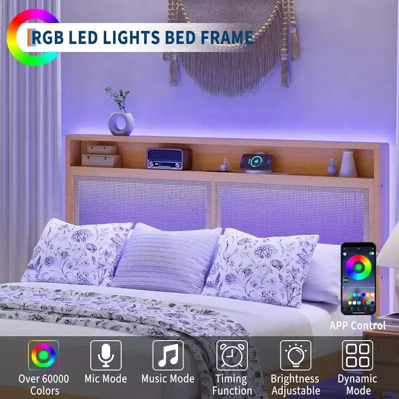 Struttura Letto in Rattan con Testiera Contenitore, Stazione di Ricarica, Illuminazione RGB, Doghe in Legno