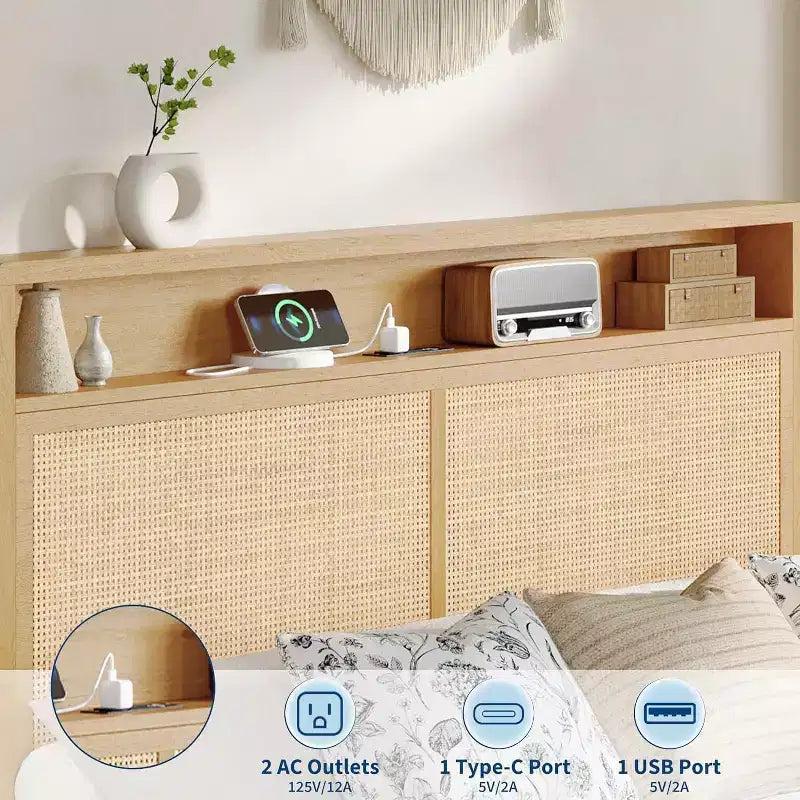 Struttura Letto in Rattan con Testiera Contenitore, Stazione di Ricarica, Illuminazione RGB, Doghe in Legno