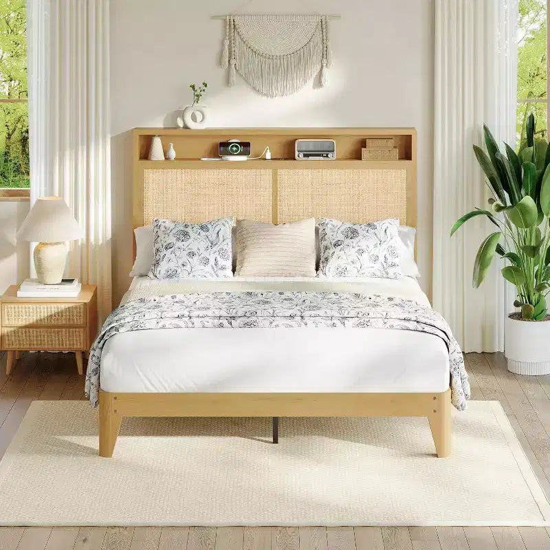 Struttura Letto in Rattan con Testiera Contenitore, Stazione di Ricarica, Illuminazione RGB, Doghe in Legno