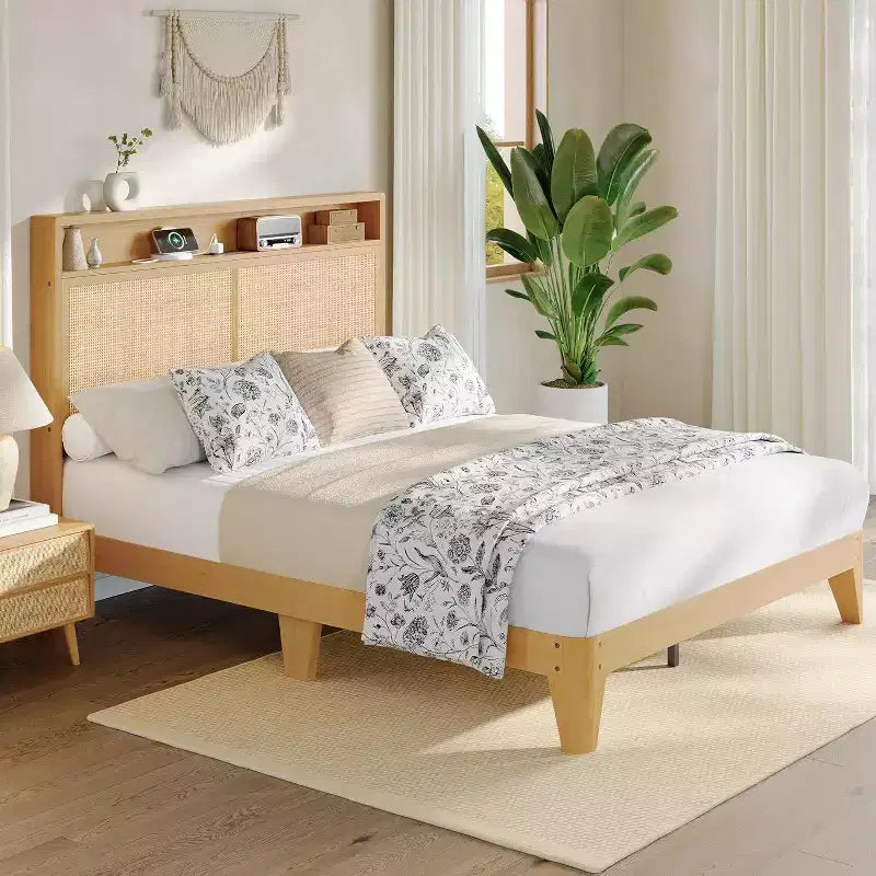 Struttura Letto in Rattan con Testiera Contenitore, Stazione di Ricarica, Illuminazione RGB, Doghe in Legno