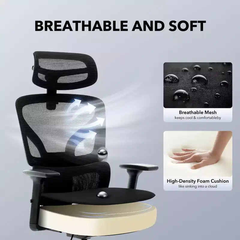 Sedia da Ufficio Ergonomica con Braccioli 3D, Poggiatesta e Schienale, Sedia Ergonomica in Rete Imbottita, Piedini Galvanizzati, Scatola Bianca, Beige