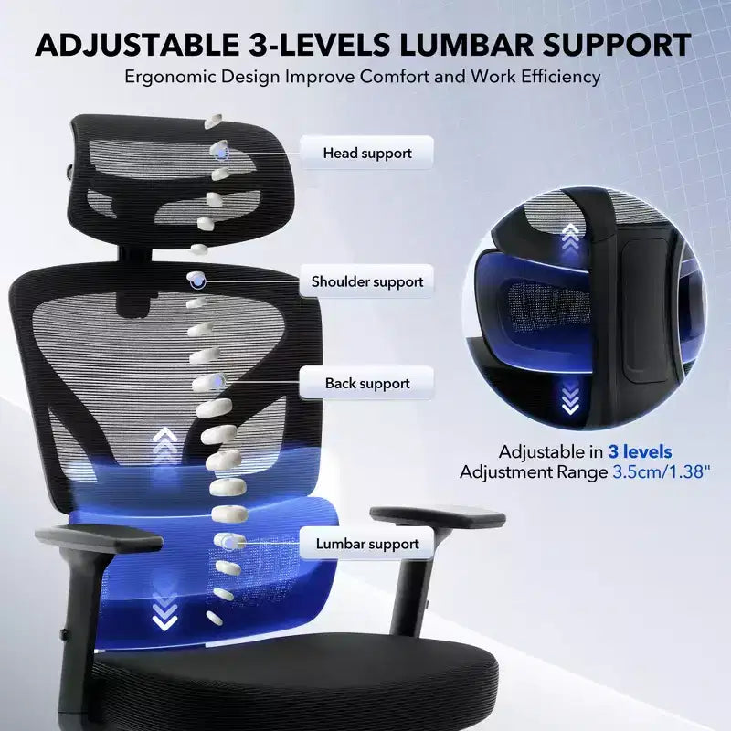 Sedia da Ufficio Ergonomica con Braccioli 3D, Poggiatesta e Schienale, Sedia Ergonomica in Rete Imbottita, Piedini Galvanizzati, Scatola Bianca, Beige