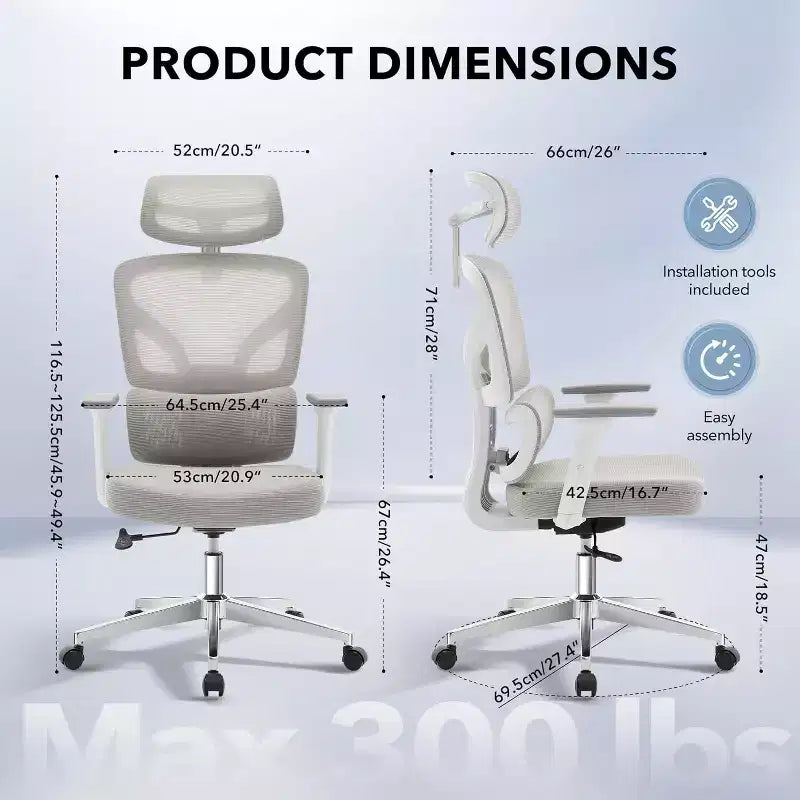 Sedia da Ufficio Ergonomica con Braccioli 3D, Poggiatesta e Schienale, Sedia Ergonomica in Rete Imbottita, Piedini Galvanizzati, Scatola Bianca, Beige