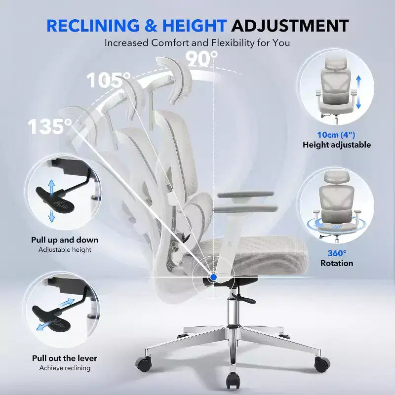 Sedia da Ufficio Ergonomica con Braccioli 3D, Poggiatesta e Schienale, Sedia Ergonomica in Rete Imbottita, Piedini Galvanizzati, Scatola Bianca, Beige