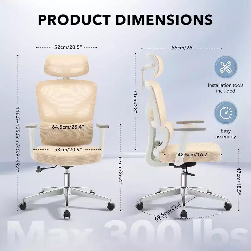 Sedia da Ufficio Ergonomica con Braccioli 3D, Poggiatesta e Schienale, Sedia Ergonomica in Rete Imbottita, Piedini Galvanizzati, Scatola Bianca, Beige