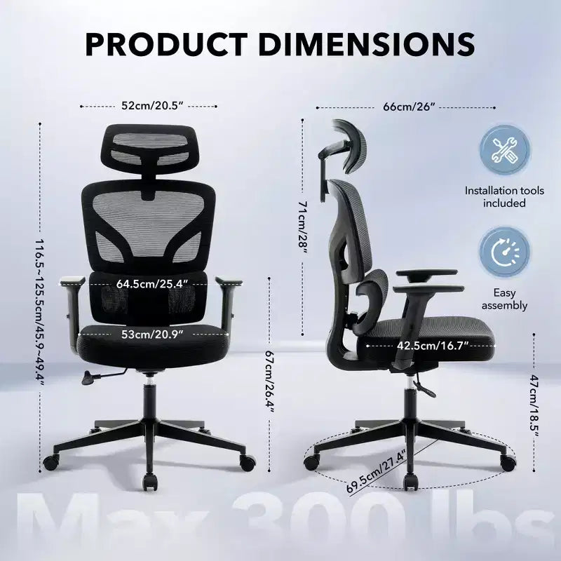 Sedia da Ufficio Ergonomica con Braccioli 3D, Poggiatesta e Schienale, Sedia Ergonomica in Rete Imbottita, Piedini Galvanizzati, Scatola Bianca, Beige