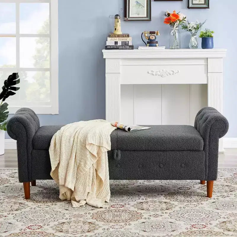 TUYOHW Storage Ottoman with Padding Seat and Armrests, Velvet End of Bed Bench, Foot Stools Ottoman for Bedroom, Living Room, Gray