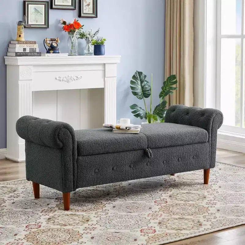Panca contenitore TUYOHW con seduta imbottita e braccioli, panchina in velluto fondo letto, pouf poggiapiedi per camera da letto, soggiorno, grigio