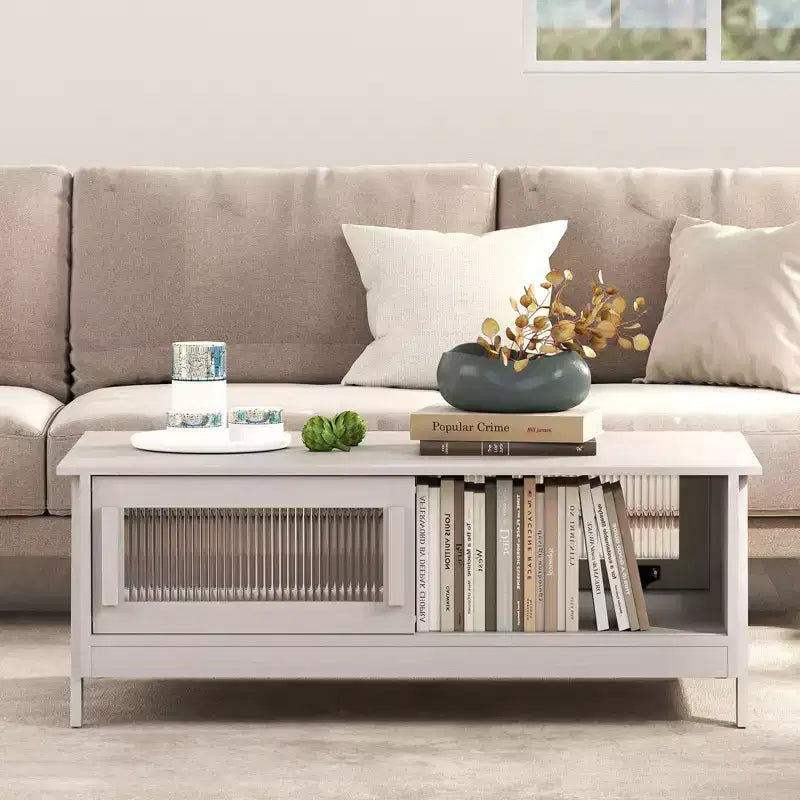 Bestier Modern Coffee Table with Glass Sliding Doors, Open Storage and Silent Slide Design