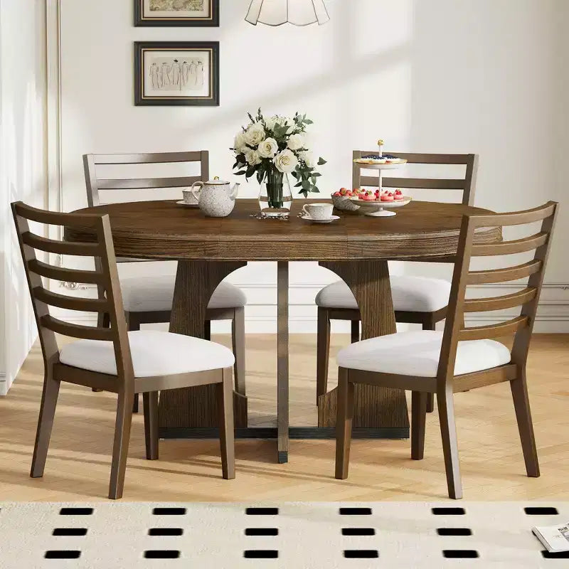 Set tavolo da pranzo rotondo da 5 pezzi Clihome per 4 persone con sedie, set tavolo da pranzo allungabile con 16 foglie centrali rimovibili per cucina, sala da pranzo