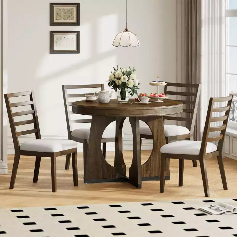 Set tavolo da pranzo rotondo da 5 pezzi Clihome per 4 persone con sedie, set tavolo da pranzo allungabile con 16 foglie centrali rimovibili per cucina, sala da pranzo