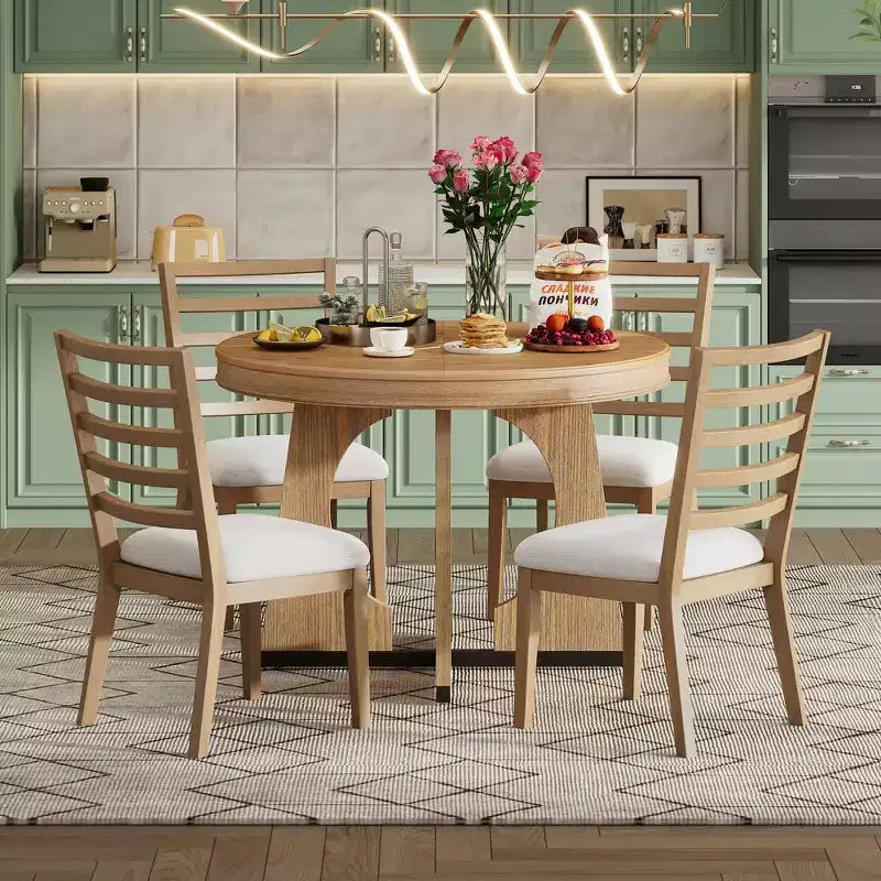 Set tavolo da pranzo rotondo da 5 pezzi Clihome per 4 persone con sedie, set tavolo da pranzo allungabile con 16 foglie centrali rimovibili per cucina, sala da pranzo