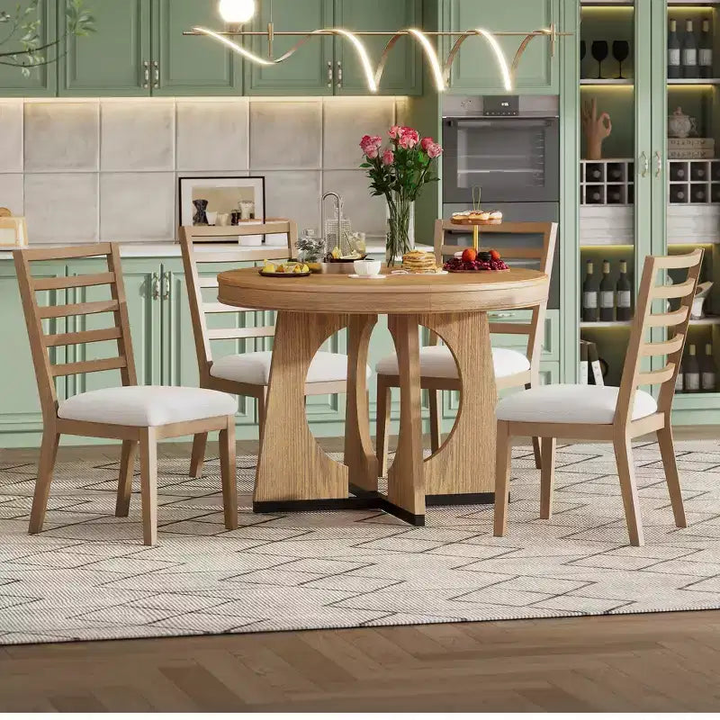 Set tavolo da pranzo rotondo da 5 pezzi Clihome per 4 persone con sedie, set tavolo da pranzo allungabile con 16 foglie centrali rimovibili per cucina, sala da pranzo