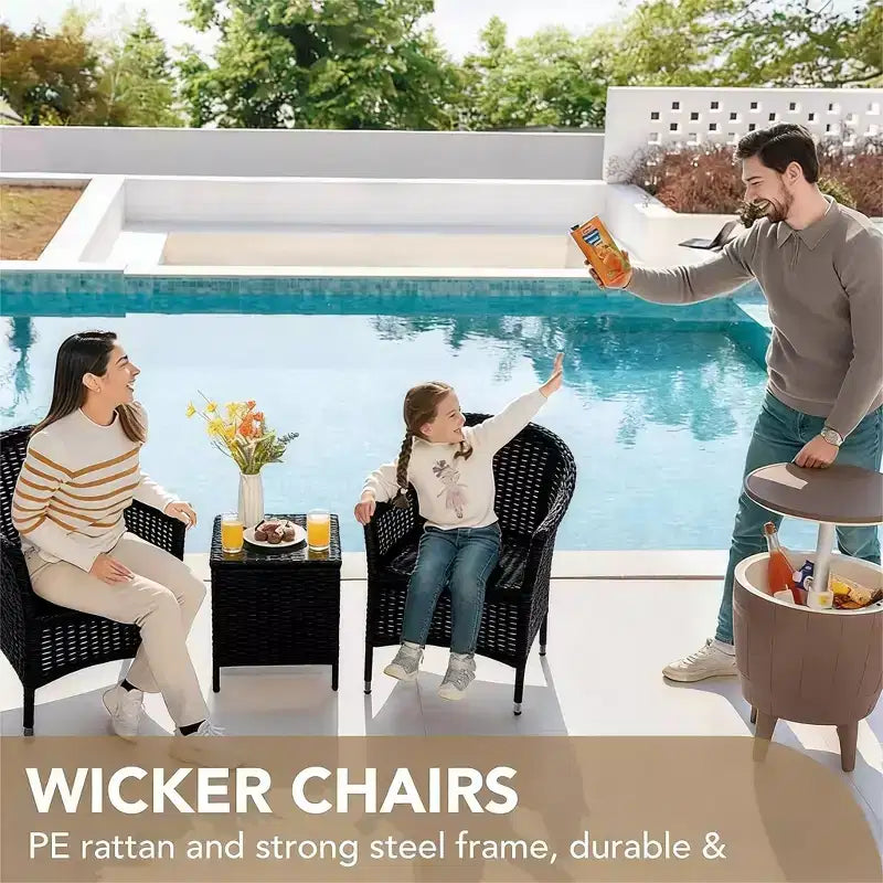 Set di mobili da patio a 3 pezzi, set da conversazione per esterni, sedie in vimini e rattan per tutte le stagioni con cuscini e tavolino da caffè, posti a sedere per patio, portico, prato, piscina