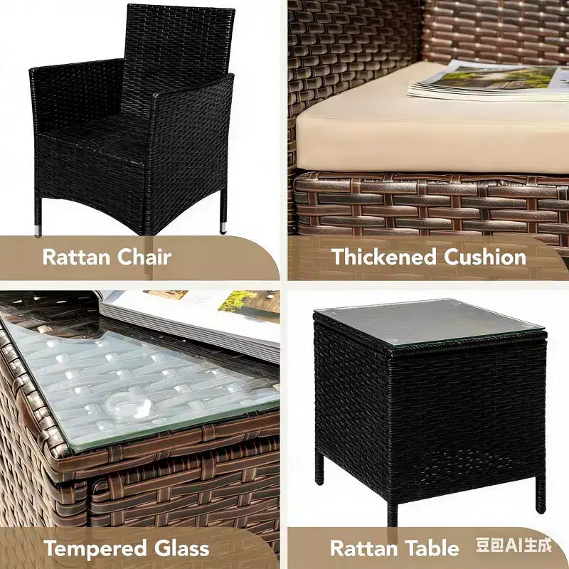 Set di mobili da patio a 3 pezzi, set da conversazione per esterni, sedie in vimini e rattan per tutte le stagioni con cuscini e tavolino da caffè, posti a sedere per patio, portico, prato, piscina