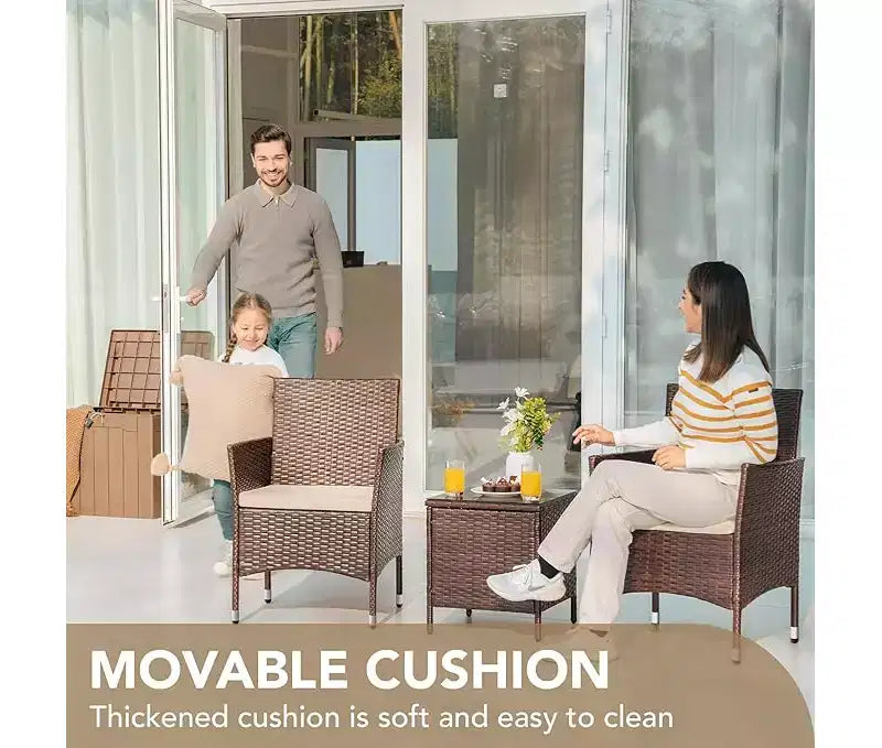 Set di mobili da patio a 3 pezzi, set da conversazione per esterni, sedie in vimini e rattan per tutte le stagioni con cuscini e tavolino da caffè, posti a sedere per patio, portico, prato, piscina