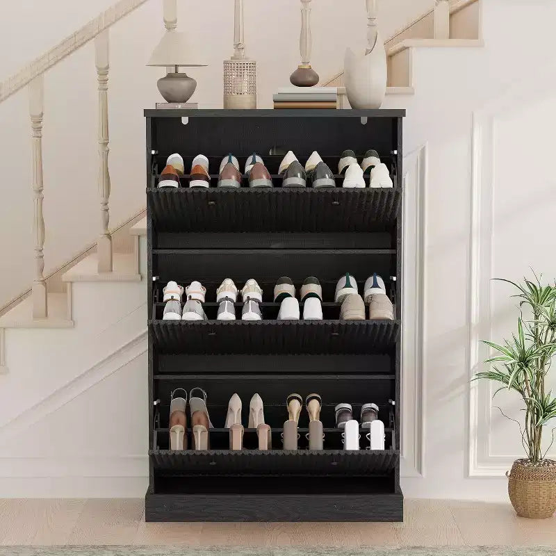 Acekool Fluted Shoe Cabinet, Black 3 Flip Drawer Narrow Shoe Organizer with Adjustable Shelves for Entryway or Hallway