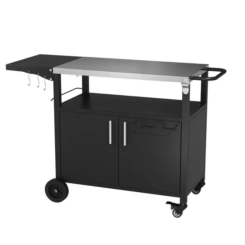 Tavolo da carrello per barbecue da esterno Celebalcony con piano in acciaio inossidabile per preparazione in cucina e barbecue, tavolo da cucina per esterni con maniglia laterale, nero