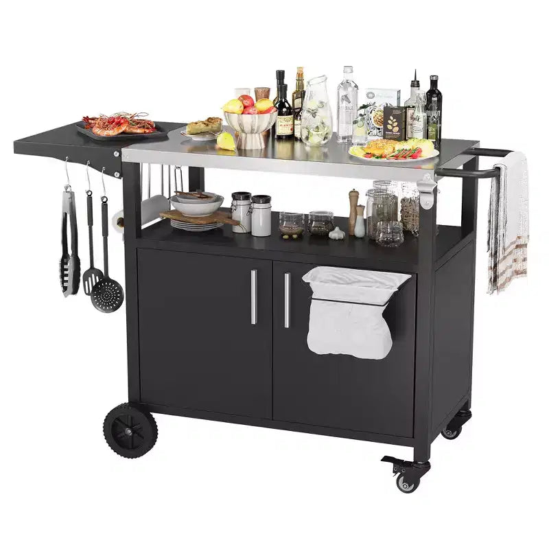 Tavolo da carrello per barbecue da esterno Celebalcony con piano in acciaio inossidabile per preparazione in cucina e barbecue, tavolo da cucina per esterni con maniglia laterale, nero