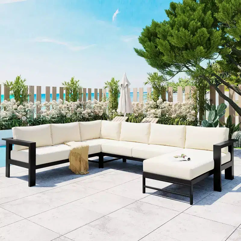 Outdoor Patio Sofa Set, Modern Convertible Sectional Couch with Reversible Chaise, Conversation Sofa Set with u-Shaped Sofa for Porch Garden