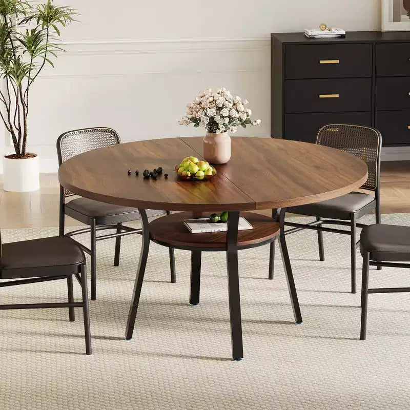 Tavolo da pranzo rotondo da 47 pollici per 4-6 persone, tavolo da cucina in legno con ripiano, tavolo da pranzo circolare in stile rustico per sala da pranzo, soggiorno, 4 gambe robuste