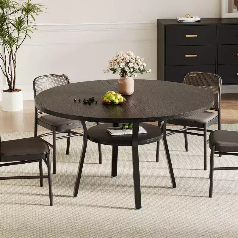 47 Round Dining Table for 4-6, Wood Kitchen Table with Shelf Farmhouse Circle Dinner Table for Dining Room, Living Room, 4 Strong Legs