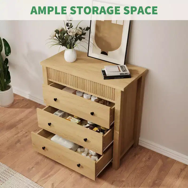 Cassettiera verticale da 31,5W, comò alto in legno scanalato con cassetti a scorrimento fluido, cassettiera a onda singola