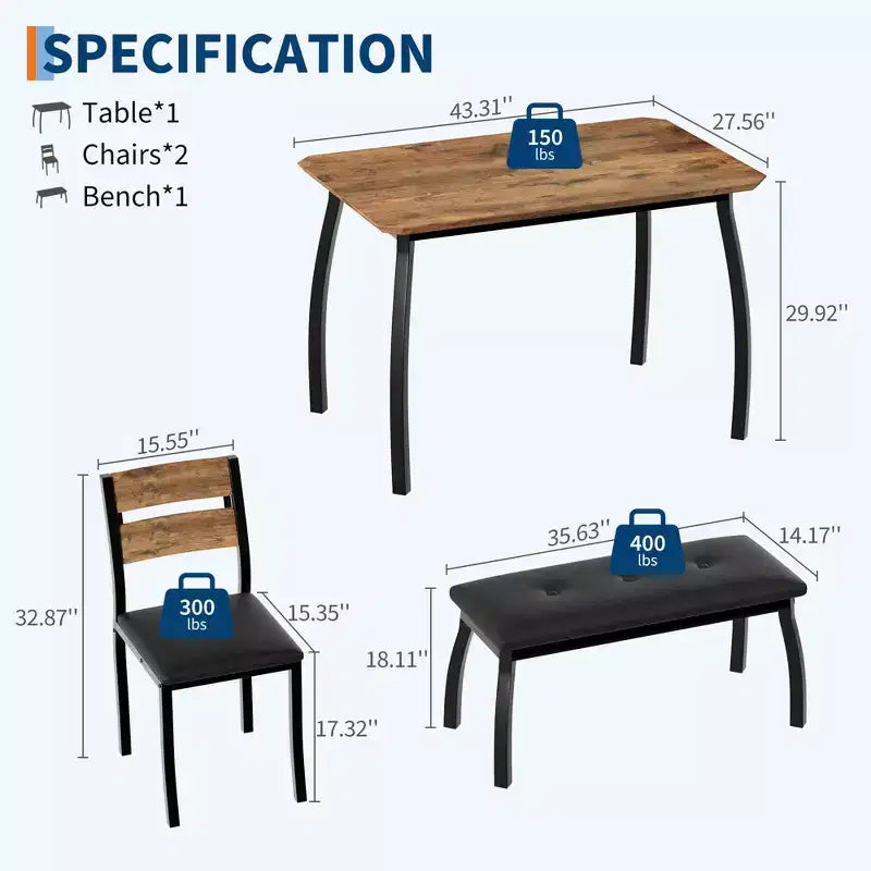 Set Tavolo da Pranzo, Tavolo da Cucina con Panca Imbottita e 2 Sedie Imbottite, Mobili da Cucina Industriali per Cucina, Sala da Pranzo