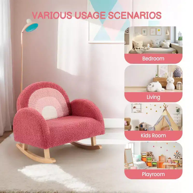 Poltroncina imbottita a dondolo per bambini, in morbido tessuto teddy sfumato, con struttura in legno, ideale per la lettura