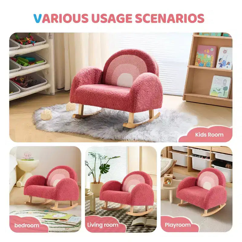 Poltroncina imbottita a dondolo per bambini, in morbido tessuto teddy sfumato, con struttura in legno, ideale per la lettura