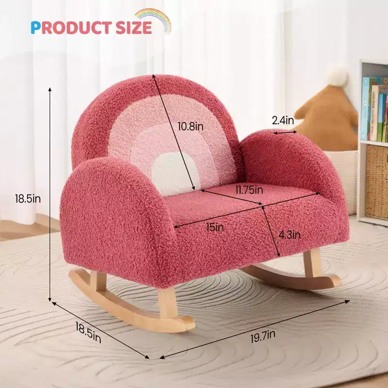 Poltroncina imbottita a dondolo per bambini, in morbido tessuto teddy sfumato, con struttura in legno, ideale per la lettura