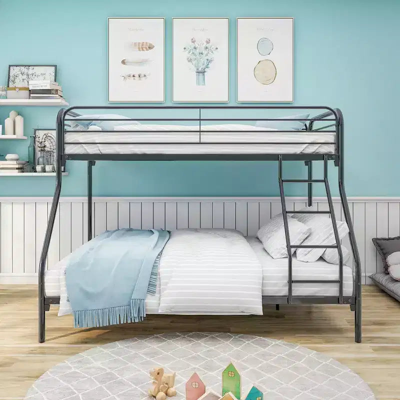 Letto a castello in metallo una piazza e mezza/matrimoniale, struttura resistente, scala inclinata, sponda superiore rinforzata, facile montaggio, nero, salvaspazio