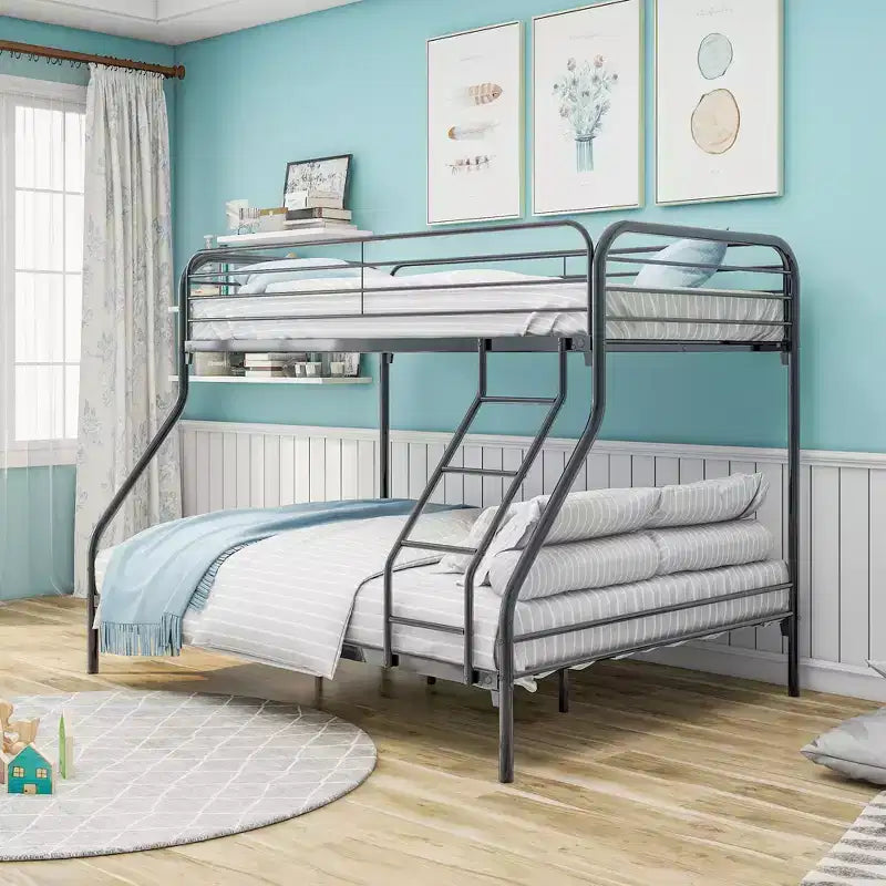 Letto a castello in metallo una piazza e mezza/matrimoniale, struttura resistente, scala inclinata, sponda superiore rinforzata, facile montaggio, nero, salvaspazio