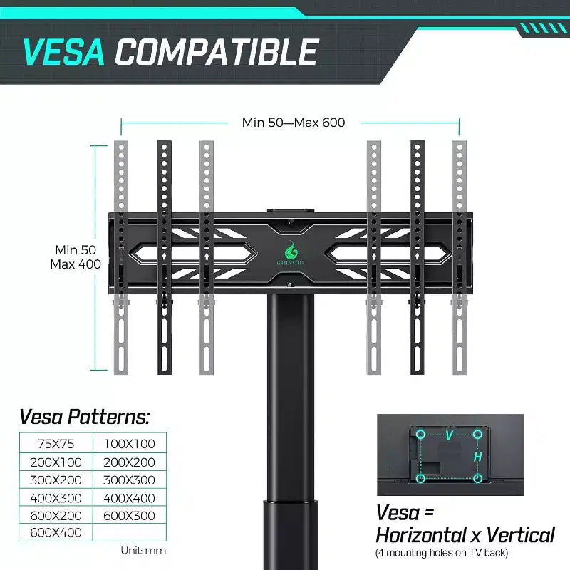 Mobile TV con presa di corrente, supporto TV universale da pavimento per TV da 32-75 pollici, regolabile in altezza, supporto TV alto girevole con base in legno