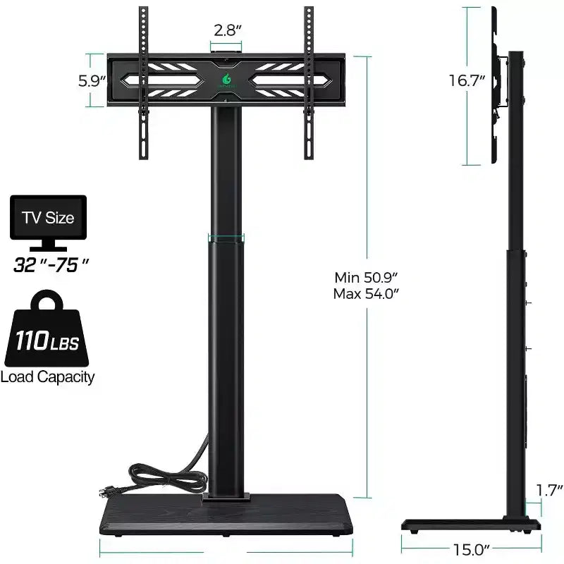 Mobile TV con presa di corrente, supporto TV universale da pavimento per TV da 32-75 pollici, regolabile in altezza, supporto TV alto girevole con base in legno