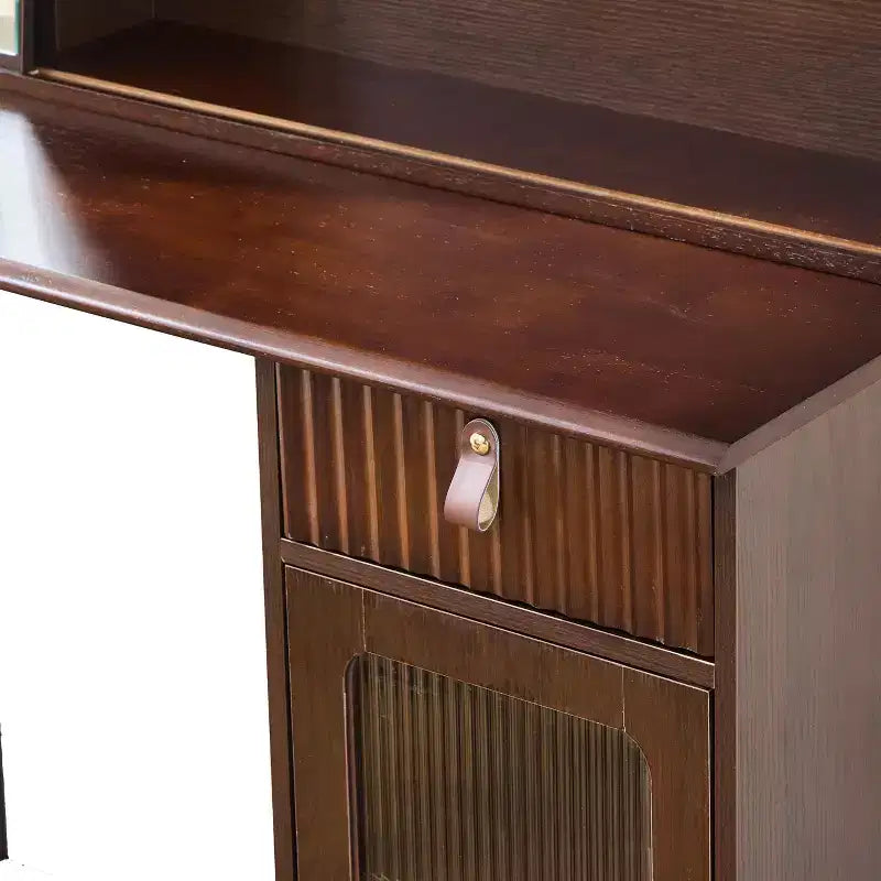 Toeletta con Specchio Scorrevole e Luci a 3 Colori, Scrivania Trucco Finitura Noce con Ripiano a Vista, Cassetto e Armadietto