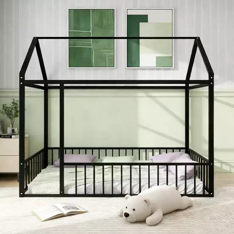 Luxystar Twin Size Metal House Bed Frame with Fence for Kids and Teens