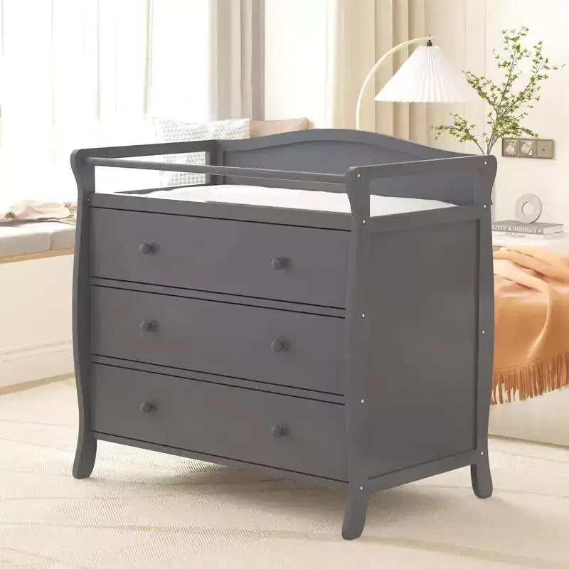 Wooden Changing Table Dresser with 3 Drawers, Infant Diaper Changing Station with Table Top, Safety Rails & Strap for Bedroom