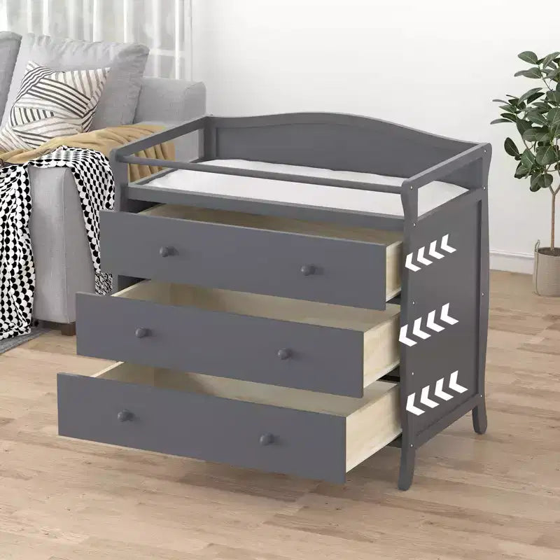 Fasciatoio con comò in legno a 3 cassetti, stazione fasciatoio per neonati con piano superiore, sponde di sicurezza e cinghia per la camera da letto
