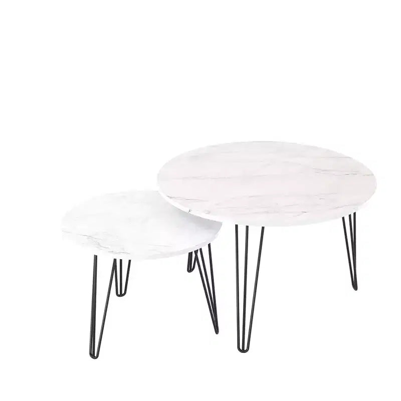Tavolino da caffè rotondo impilabile, piano in finto marmo da 70 cm con struttura in metallo, tavolini laterali in legno per soggiorno