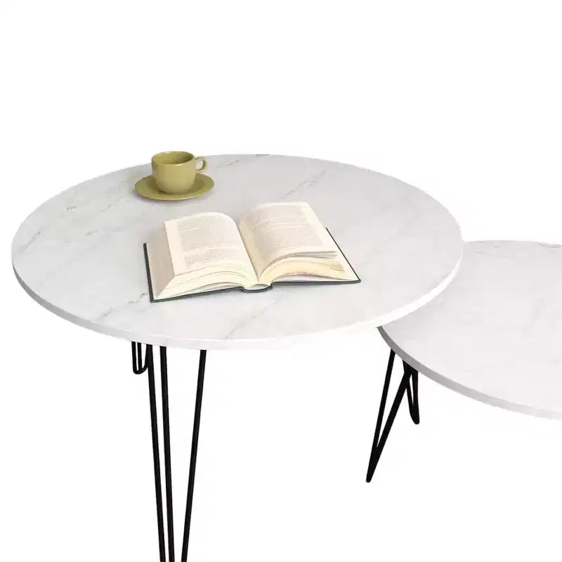 Tavolino da caffè rotondo impilabile, piano in finto marmo da 70 cm con struttura in metallo, tavolini laterali in legno per soggiorno