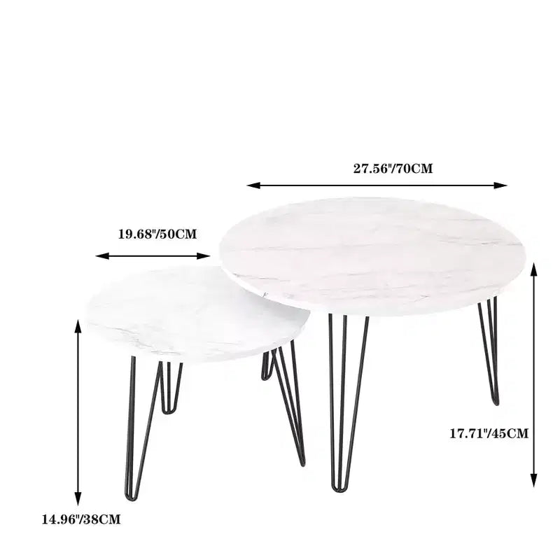 Tavolino da caffè rotondo impilabile, piano in finto marmo da 70 cm con struttura in metallo, tavolini laterali in legno per soggiorno