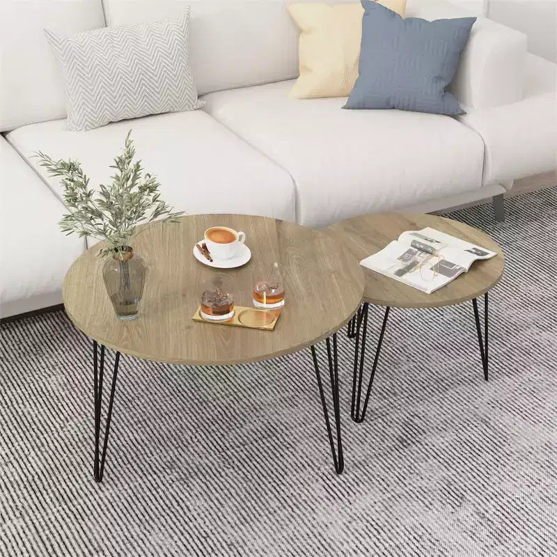 Tavolino da caffè rotondo impilabile, piano in finto marmo da 70 cm con struttura in metallo, tavolini laterali in legno per soggiorno