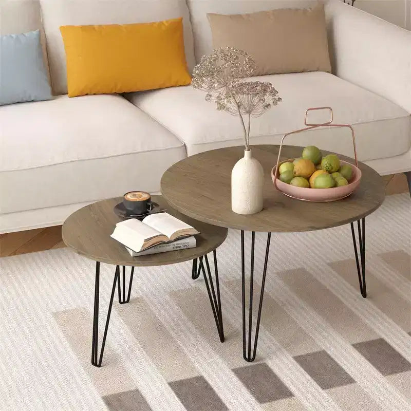 Tavolino da caffè rotondo impilabile, piano in finto marmo da 70 cm con struttura in metallo, tavolini laterali in legno per soggiorno